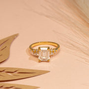 2.66tct Emerald Cut Moissanite Engagement Ring, Vintage Unique Cluster Yellow Gold Engagement Ring Women, Round Diamond Wedding Anniversary Ring