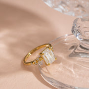 2.66tct Emerald Cut Moissanite Engagement Ring, Vintage Unique Cluster Yellow Gold Engagement Ring Women, Round Diamond Wedding Anniversary Ring