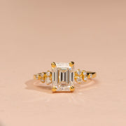 2.66tct Emerald Cut Moissanite Engagement Ring, Vintage Unique Cluster Yellow Gold Engagement Ring Women, Round Diamond Wedding Anniversary Ring