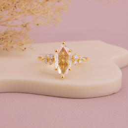 Marquise Rose Cut Moissanite Diamond Wedding Ring, Side Accent Diamond Bridal Ring, Promise Ring For Her