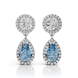 Pear-Shaped 6.00tcw Blue Lab Diamond Halo Drop Earrings | IGI Certified