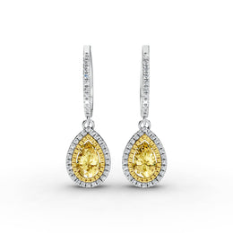 Pear-Shaped 6.00tcw Yellow Lab Diamond Halo Drop Earrings | IGI Certified