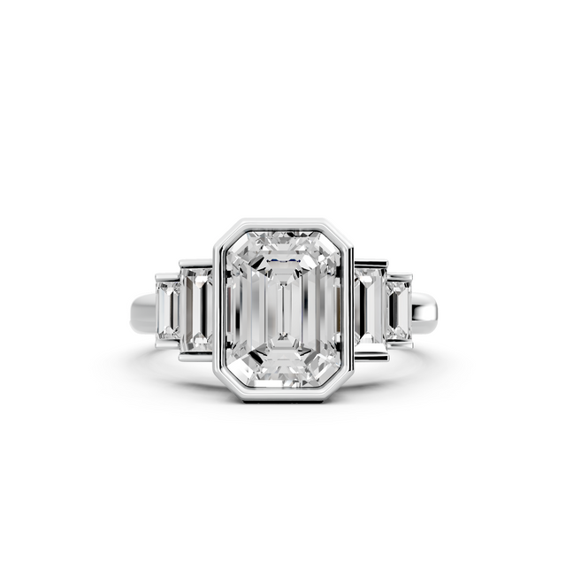 Emerald 3.07tcw Lab Grown Diamond, Bezel Set Five Stone Engagement Ring, D-E-F Color, VVS-VS Clarity, IGI Certificate|