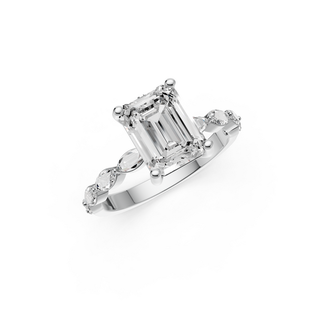 2.42tct Emerald Lab Grown Diamond with Marquise Pave Settings Engagement Ring | D-E-F, VVS-VS Clarity | IGI Certified |