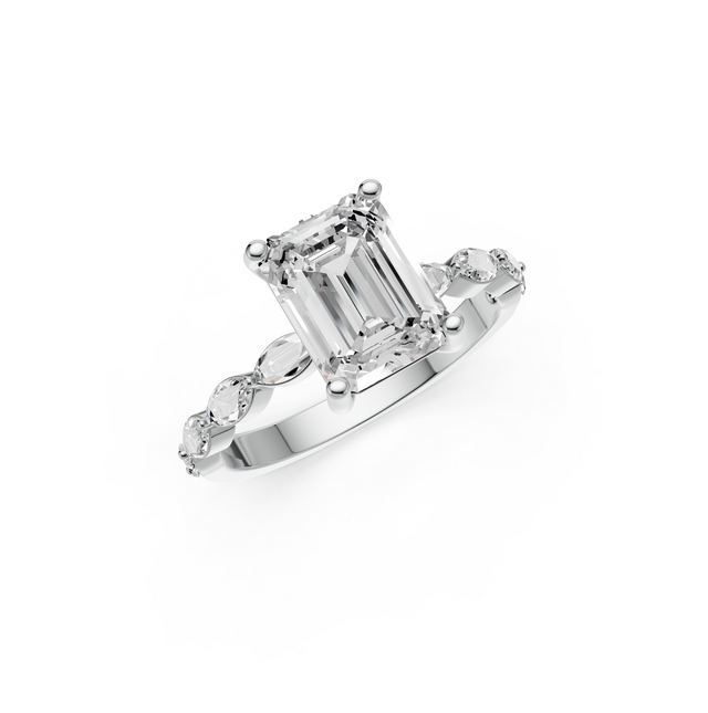 2.42tct Emerald Lab Grown Diamond with Marquise Pave Settings Engagement Ring | D-E-F, VVS-VS Clarity | IGI Certified |