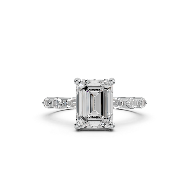 2.42tct Emerald Lab Grown Diamond with Marquise Pave Settings Engagement Ring | D-E-F, VVS-VS Clarity | IGI Certified |