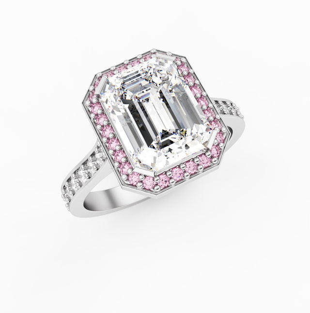 2.32tcw Emerald Lab Grown Diamond Engagement Ring | Pink Halo Pavé Cathedral | IGI Certified | Custom Gold