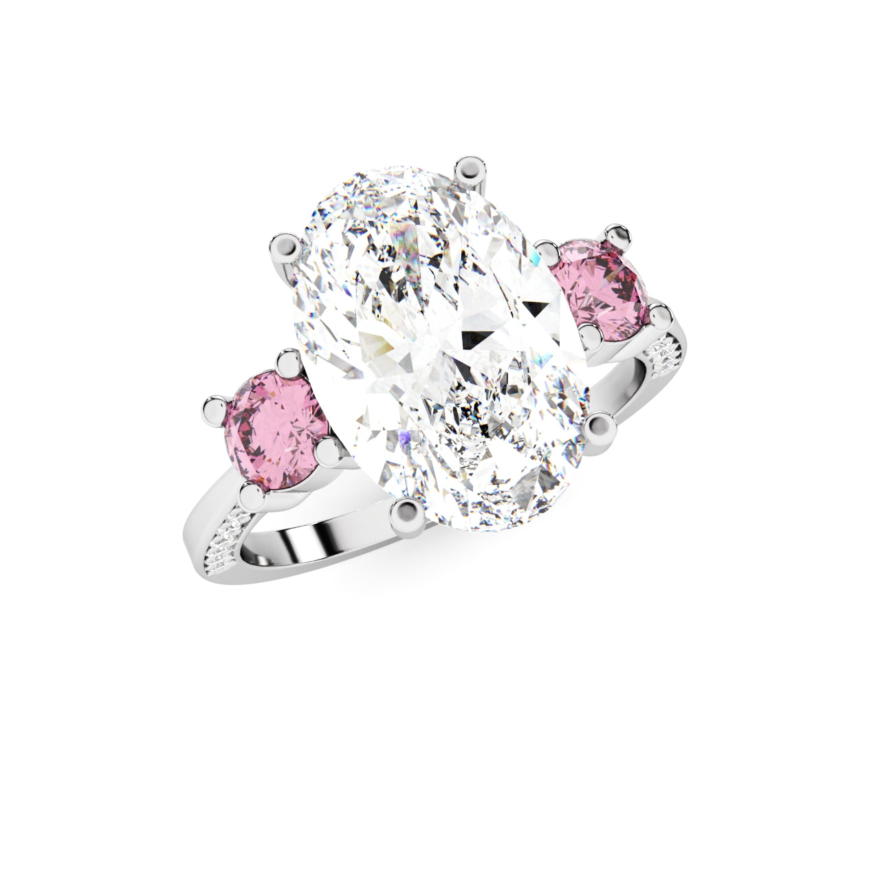3.02tcw Oval Lab Diamond Ring | Three Stone | 2.50ct Center + 0.52tct Pink Round Side Stones | Custom Gold |