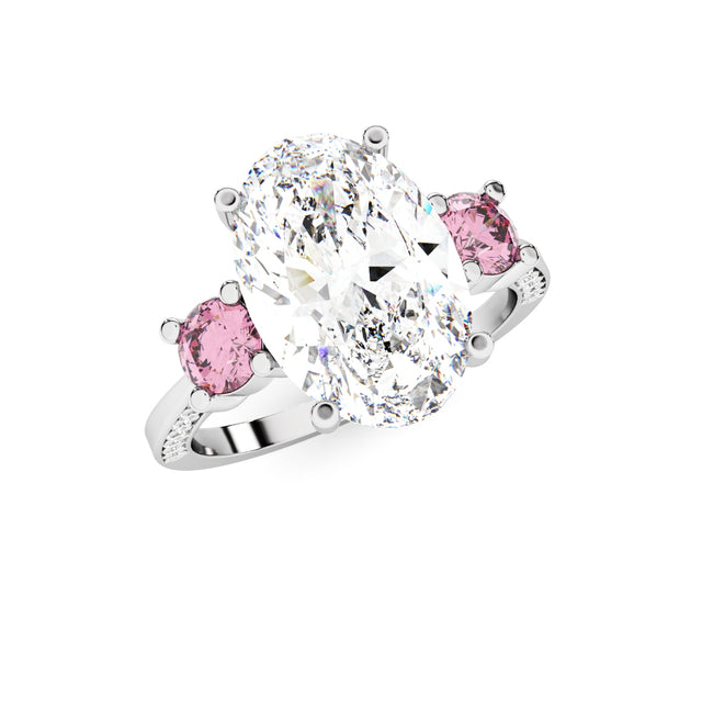 3.02tcw Oval Lab Diamond Ring | Three Stone | 2.50ct Center + 0.52tct Pink Round Side Stones | Custom Gold |