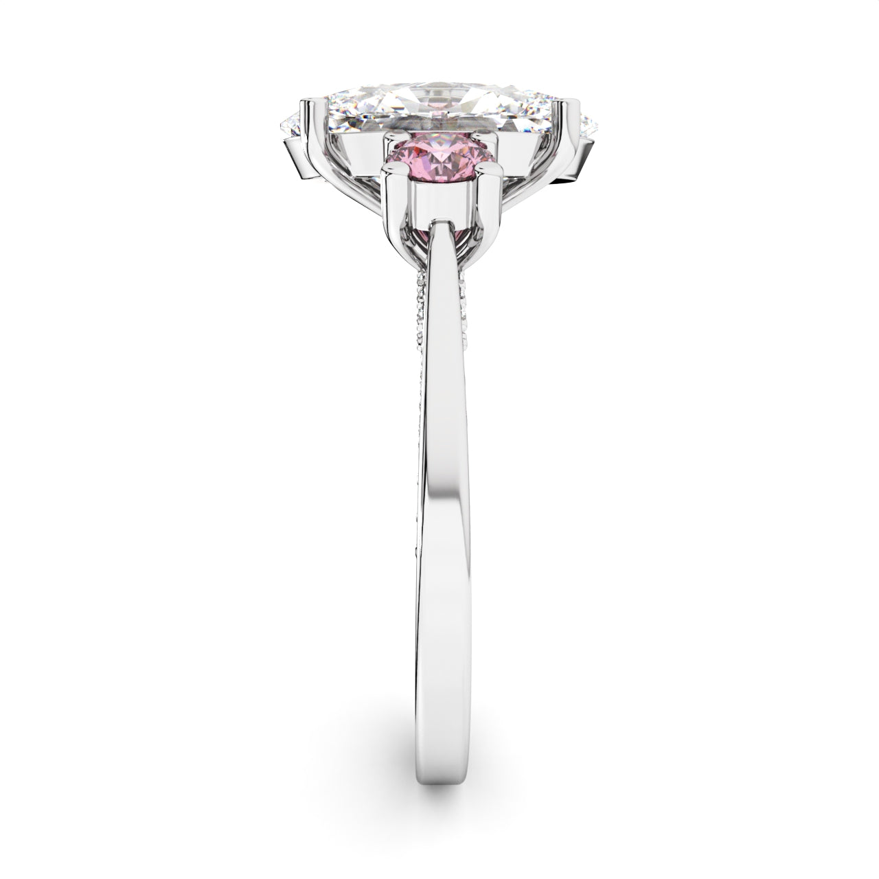 3.02tcw Oval Lab Diamond Ring | Three Stone | 2.50ct Center + 0.52tct Pink Round Side Stones | Custom Gold |