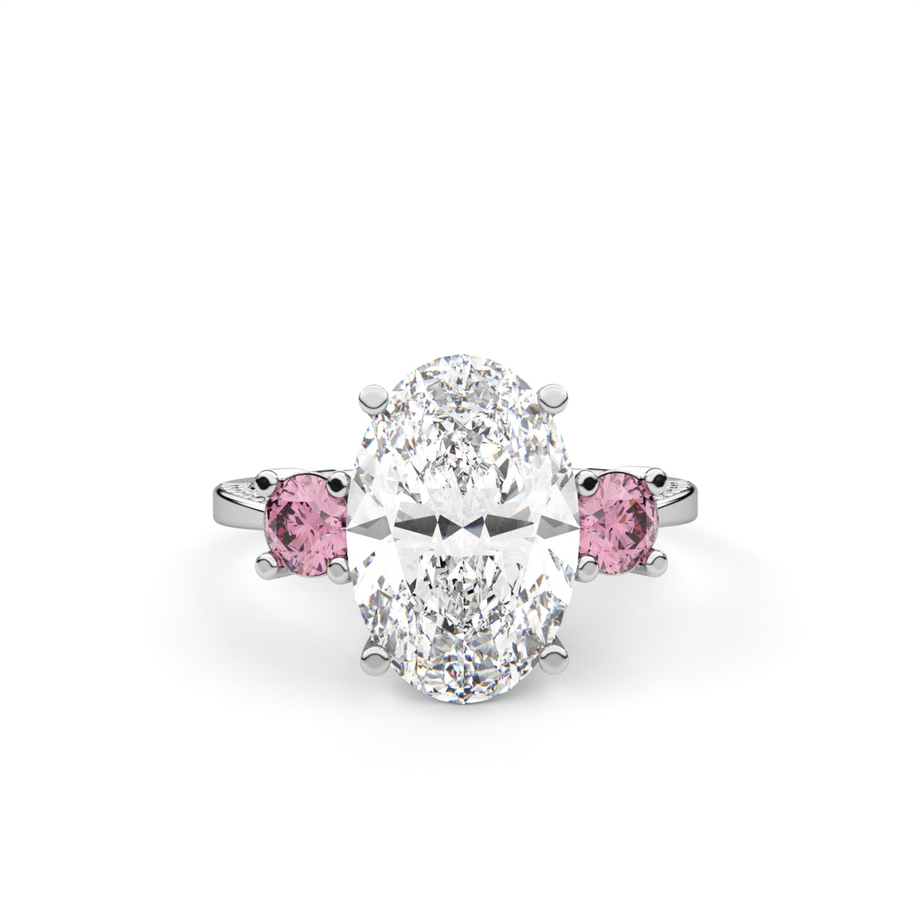 3.02tcw Oval Lab Diamond Ring | Three Stone | 2.50ct Center + 0.52tct Pink Round Side Stones | Custom Gold |