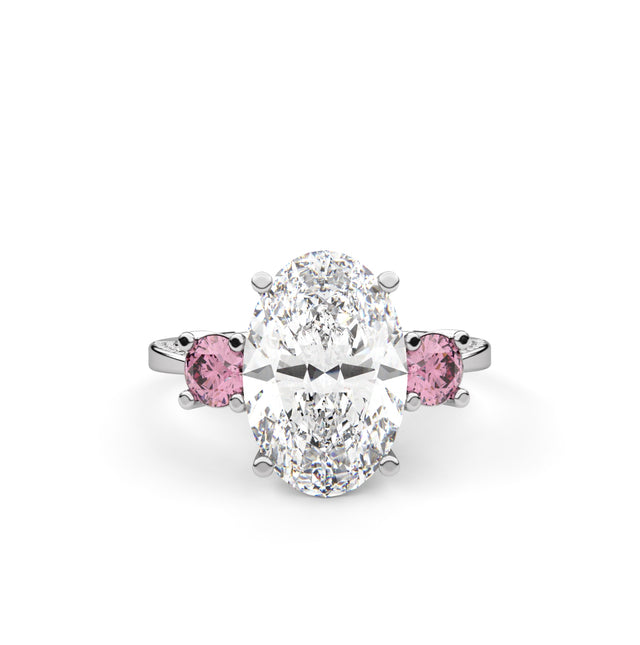 3.02tcw Oval Lab Diamond Ring | Three Stone | 2.50ct Center + 0.52tct Pink Round Side Stones | Custom Gold |