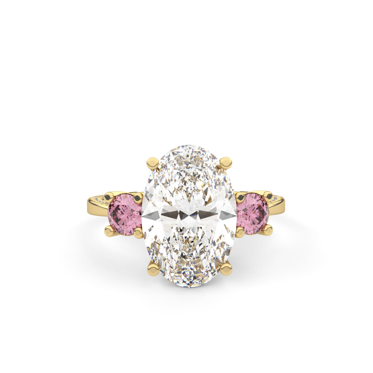 3.02tcw Oval Lab Diamond Ring | Three Stone | 2.50ct Center + 0.52tct Pink Round Side Stones | Custom Gold |