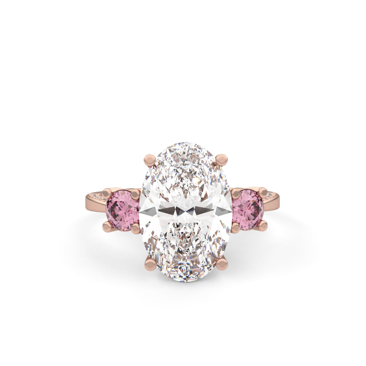 3.02tcw Oval Lab Diamond Ring | Three Stone | 2.50ct Center + 0.52tct Pink Round Side Stones | Custom Gold |