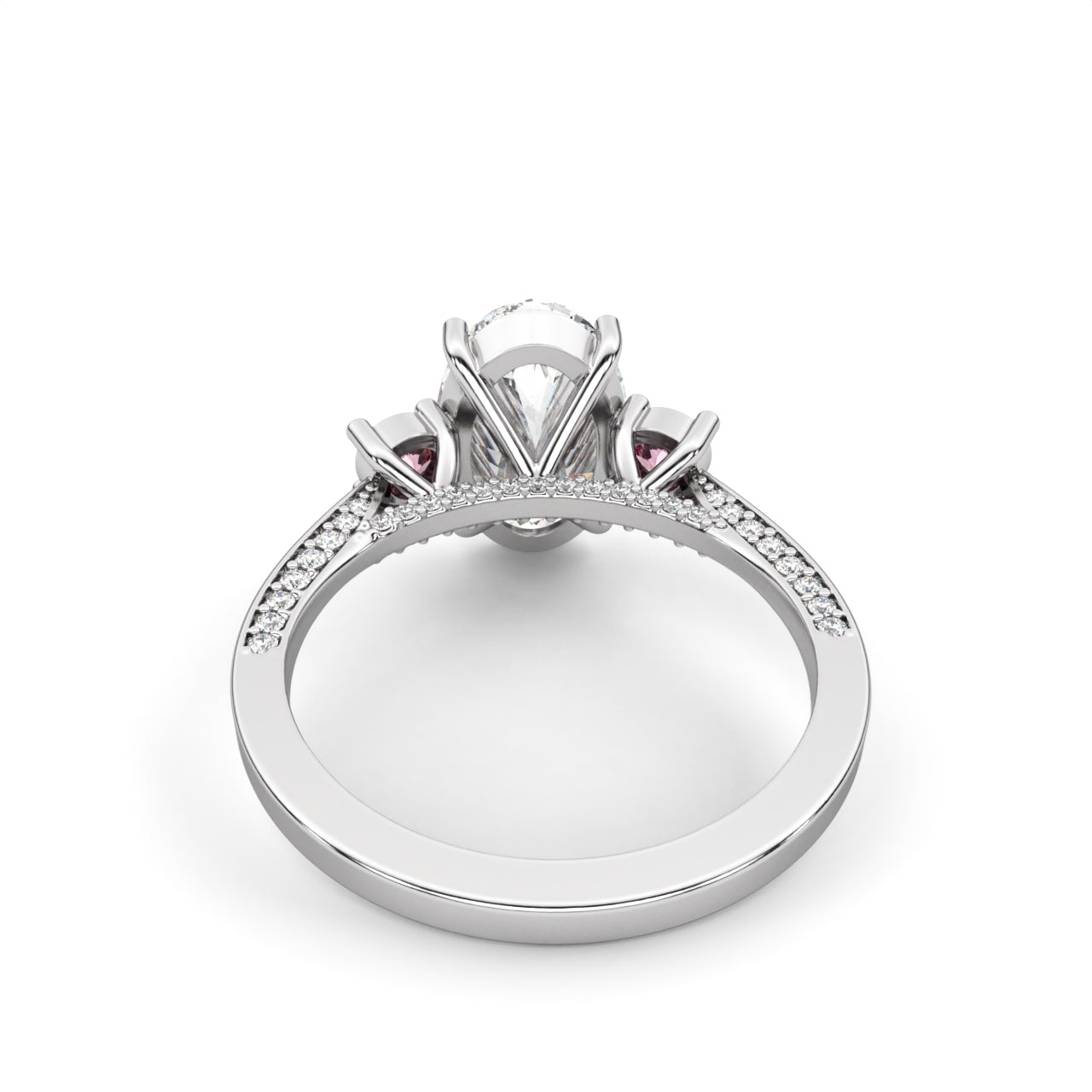 3.02tcw Oval Lab Diamond Ring | Three Stone | 2.50ct Center + 0.52tct Pink Round Side Stones | Custom Gold |