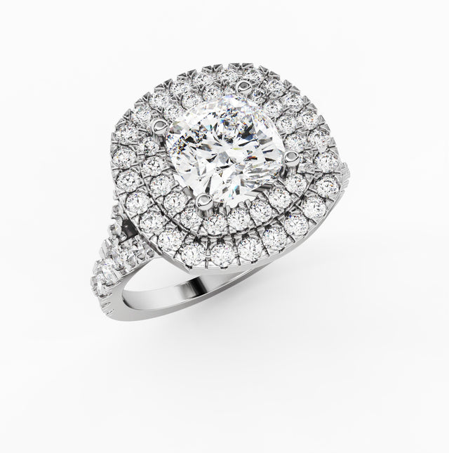1.61ct Cushion Lab Grown Diamond Double Halo Engagement Ring | Cathedral Setting | IGI Certified