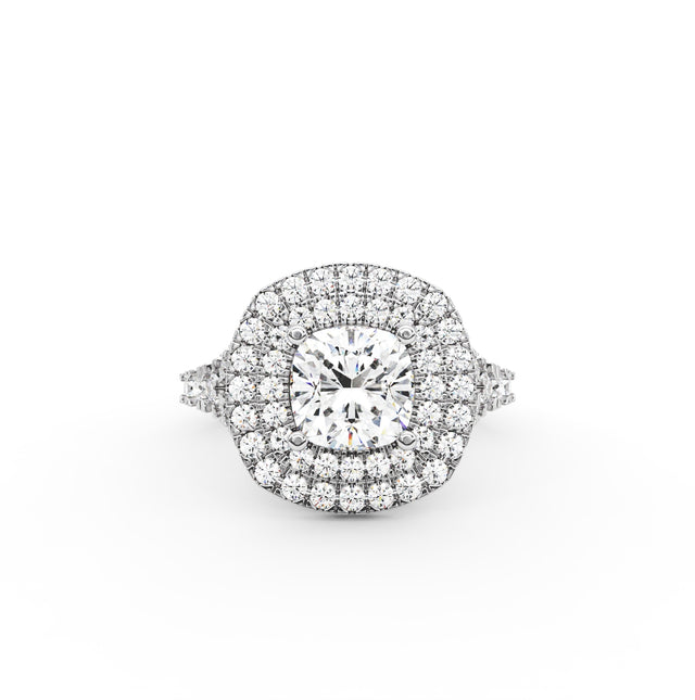 1.61ct Cushion Lab Grown Diamond Double Halo Engagement Ring | Cathedral Setting | IGI Certified