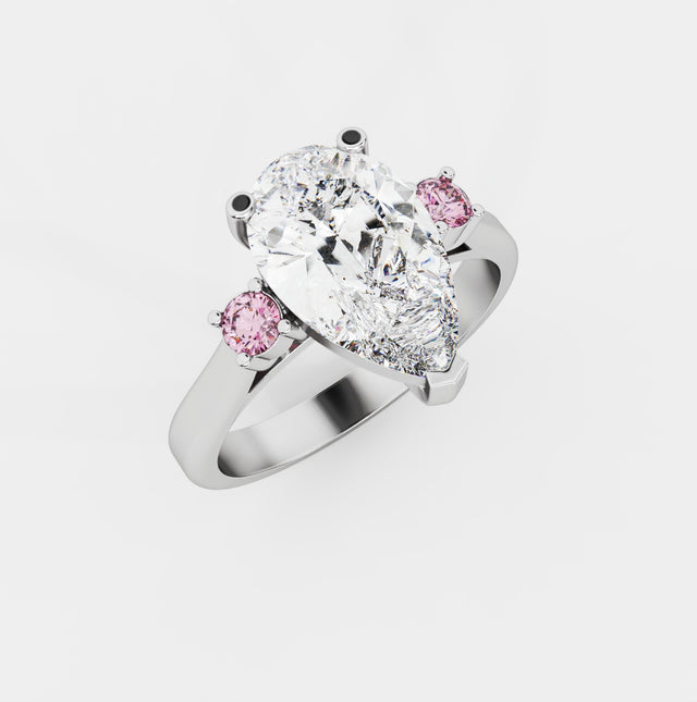 Pear 2.12tcw Lab Diamond Ring | Three Stone | 2ct Center + 0.12tct Pink Round Side Stones| IGI Certified |