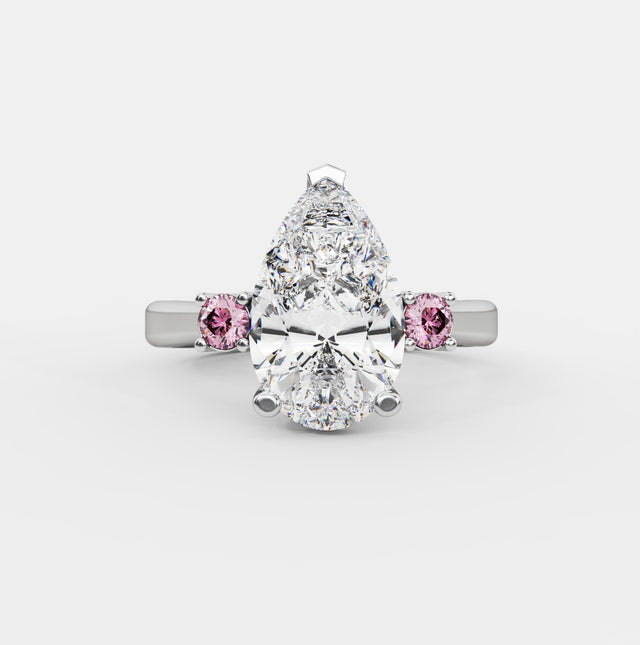 Pear 2.12tcw Lab Diamond Ring | Three Stone | 2ct Center + 0.12tct Pink Round Side Stones| IGI Certified |