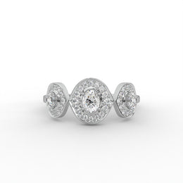 0.50 Oval & Round Lab Grown Diamond Three Stone Halo Contemporary Engagement Ring| IGI Certified |
